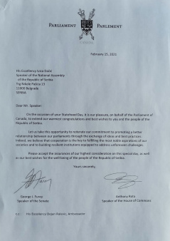 12 February 2021.  The letter of congratulations of the Speaker of the Senate and the Speaker of the House of Commons of the Parliament of Canada, George Furey and Anthony Rota